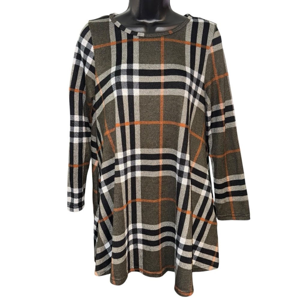 Papillon Women’s Plaid Tunic Top Size Large Stretch Knit Long Sleeve Fall Shirt
